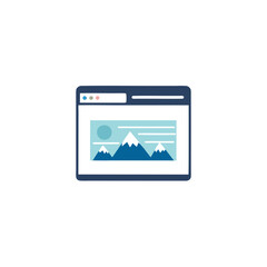 A stylized graphic of a web browser window displaying a mountain landscape image