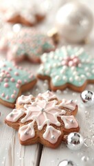 Decorative snowflake cookies with colorful icing, perfect for winter celebrations and holiday gatherings.