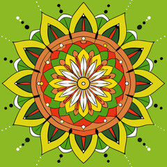 Colorful mandala with intricate patterns on a green background