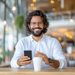 young businessman holding coffee cup and mobile at cafe