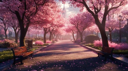 Naklejka premium A paved pathway lined with pink flowering cherry trees, benches, and scattered petals in a park setting.