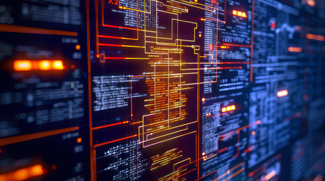 High-Tech Programming Interface with Code and Data Visualizations Displayed on Multiple Screens in a Modern Technology Setting at Night
