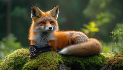 Fototapeta premium Red fox resting on a mossy log, forest background, natural light, relaxed pose, serene atmosphere