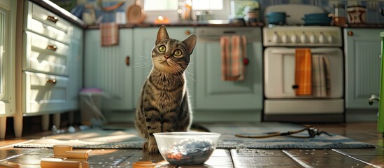 Adorable grey cat standing on the floor beside a plastic bowl in a cluttered kitchen. Copy space image. Place for adding text and design