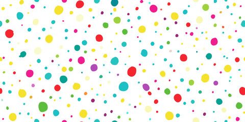 Colorful confetti dots scattered on a white background