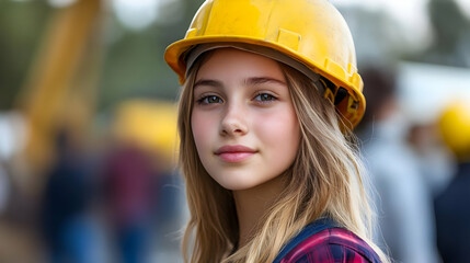 A young girl wearing a yellow hard hat, smiling at the camera.
