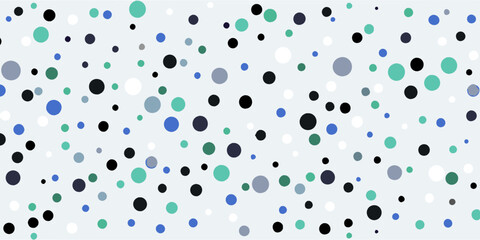 Abstract background with scattered blue, teal, and grey dots of various sizes on a white backdrop
