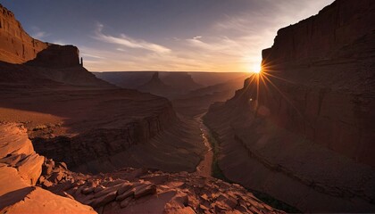 Sunrise over a canyon, revealing a  river flowing through the valley.