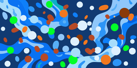 Abstract blue background with colorful dots and wavy lines