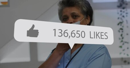 Thumbs up animation with 329,020 likes over smiling healthcare professional