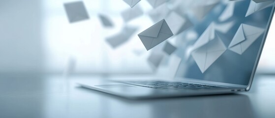 Dynamic digital communication concept with floating envelopes around a laptop, symbolizing modern email technology and connectivity.