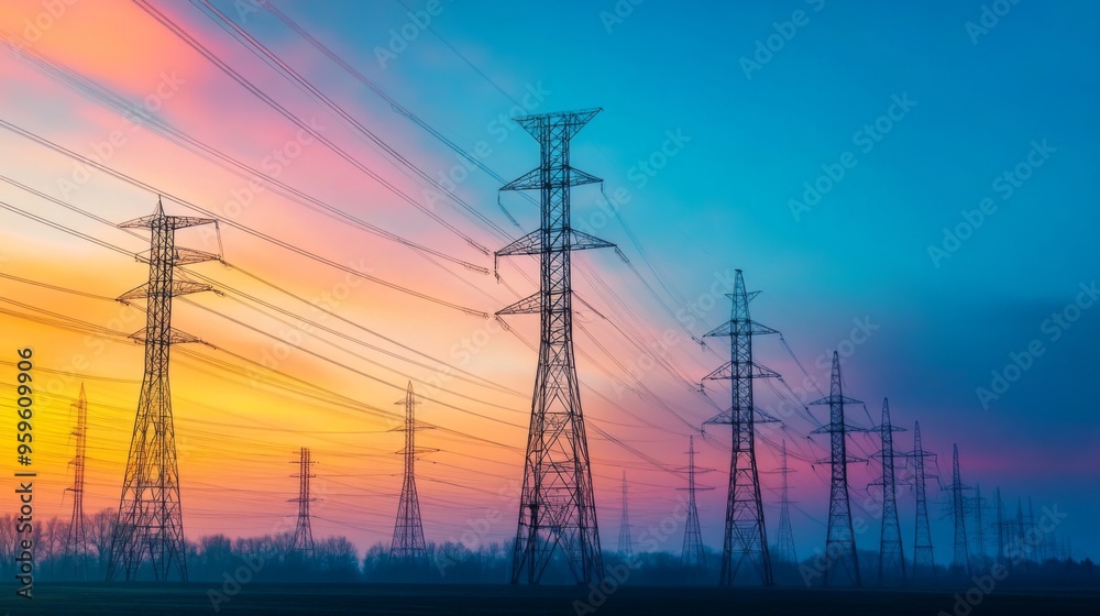 Poster A high-resolution shot of multiple electricity transmission towers lined up in a row, emphasizing their scale and the extensive network of power lines.
