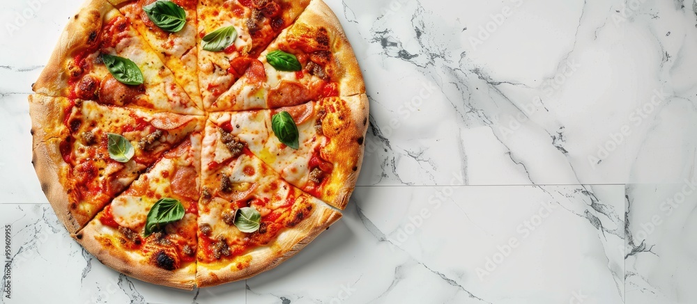 Wall mural Homemade sliced cheesy classic Italian pizza with toppings and olive oil on a white marble background with copyspace viewed from above