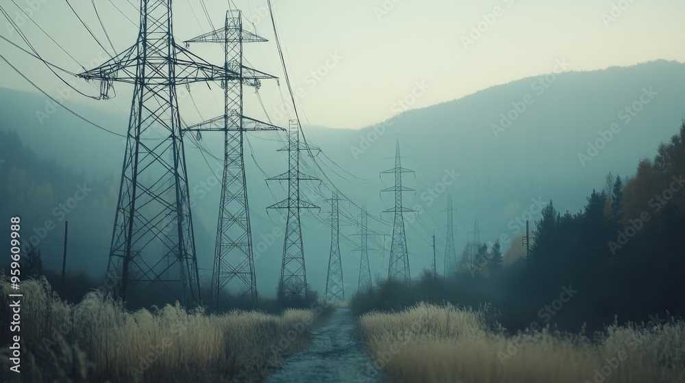 Poster A high-resolution shot of multiple electricity transmission towers lined up in a row, emphasizing their scale and the extensive network of power lines.