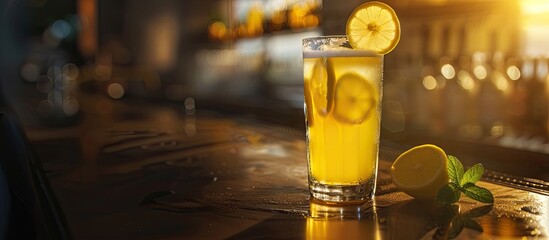 A cold glass of lemon beer on a bar counter with copy space