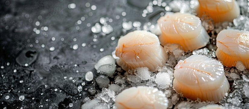 Close up of frozen meat scallops Raw gourmet seafood Selective focus top view and copy space
