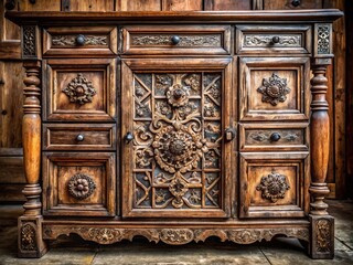 a photo image of an ornate, distressed wooden cabinet with intricate carvings, dusty knobs, and worn wooden drawers.