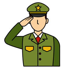 Cartoon of a soldier saluting, in green uniform with star on hat