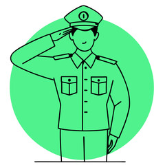 Line drawing of a saluting military officer with a circular green background
