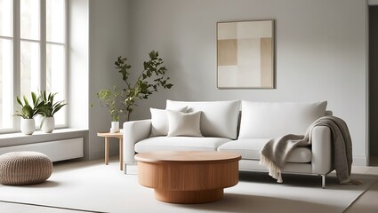 Stylish and scandinavian living room interior of modern apartment with gray sofa, design