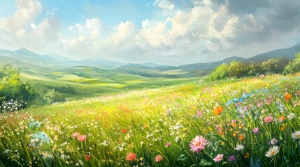 A picturesque landscape of rolling hills and a vibrant meadow filled with wildflowers under a bright blue sky.