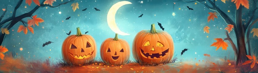 Three whimsical pumpkins glow under a crescent moon, surrounded by autumn leaves and a starry night sky, perfect for Halloween.