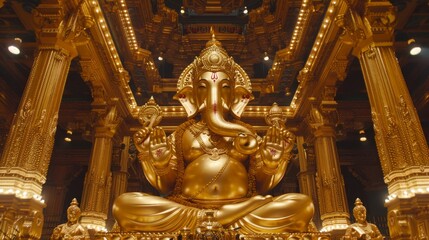 Fototapeta premium Stunning golden sculpture of lord ganesha, the hindu deity of wisdom and prosperity