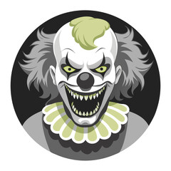 an illustration of a sinister-looking clown with a menacing grin. The clown has sharp, pointed teeth and intense, glowing yellow eyes