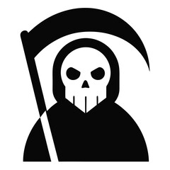 a black and white illustration of the Grim Reaper. It features a stylized figure with a hooded cloak, a skull-like face, and hollow eyes