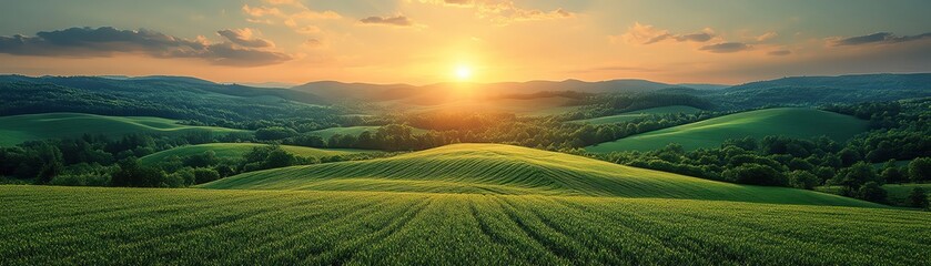 Vast green field under golden sunset, aerial view, deep shadows, rich textures