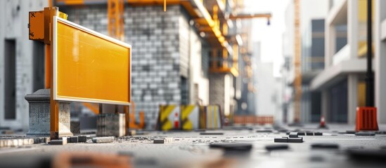 A building is being constructed at the roadside with concrete and bricks visible An empty information sign is on the left alongside construction site safety signs Background for copyspace