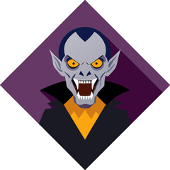 a stylized illustration of a vampire character. The vampire has a gray face with sharp, exaggerated features, including pointed ears and fangs