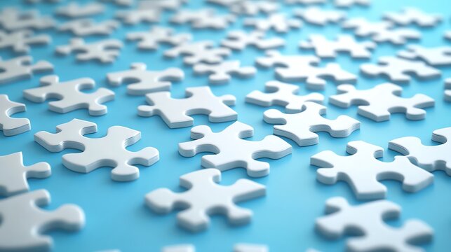 White puzzle pieces scattered on a light blue surface, with ample negative space
