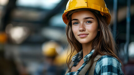 A young woman in a hard hat smiles at a construction site.