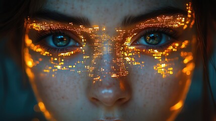 Womans face overlaid with digital code, bokeh lights, futuristic and cyberthemed