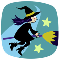 a cartoon illustration of a witch flying on a broomstick. The witch is wearing a black outfit with a pointed hat that has a yellow band. Her hair is dark purple and flows behind her as she flies