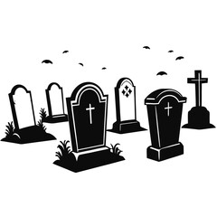a black and white illustration of a graveyard. It features six tombstones of various shapes and sizes, with some having crosses on them. The tombstones are surrounded by small patches of grass