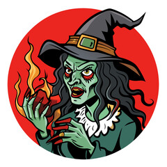  an illustration of a witch with a green face and long black hair. She is wearing a classic pointed witch's hat with a brown band and a green buckle. Her eyes are red and her expression is menacing