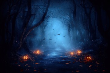 Fototapeta premium Spooky forest path with glowing pumpkins and mysterious fog