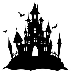 a silhouette of a spooky castle with multiple towers and pointed roofs. The castle has several windows, and there are bats flying around it