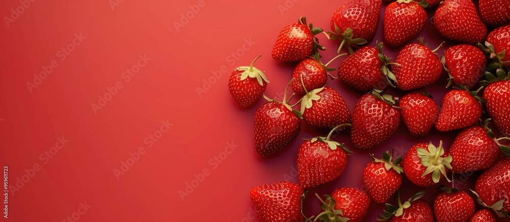 Wall mural freshly picked juicy strawberries. Copy space image. Place for adding text and design