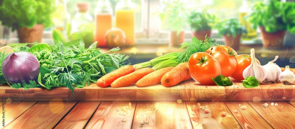 Wall mural Chopped carrots leafy green vegetables and onions for food preparation image. Copy space image. Place for adding text and design