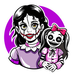 an illustration of a creepy doll-like character and a smaller doll. The larger character has long dark hair and is wearing a purple dress with a white collar