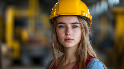 A young woman in a hard hat, representing safety in industry.