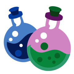 two cartoon-style potion bottles. The bottle on the left is blue with a dark blue liquid inside, and it has a blue stopper. The bottle on the right is pink with a green liquid inside