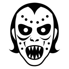  a black and white illustration of a stylized, menacing face. It resembles a horror or monster mask with exaggerated features. The face has large, hollow eyes and a wide mouth filled with sharp