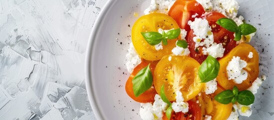 Yellow tomato salad featuring green paprika cottage cheese and basil Nutritious meal diet Top view. Copy space image. Place for adding text and design