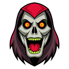 a cartoon-style illustration of a skull-like face with a menacing expression. The face has a grayish tone with sharp, angular features and prominent cheekbones