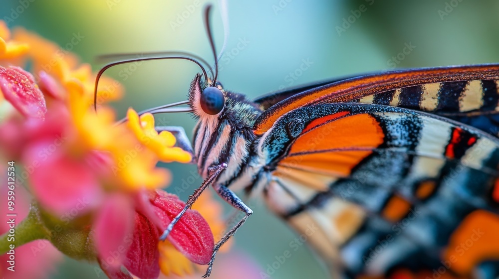 Poster a macro shot of a colorful butterfly sipping nectar from a blooming flower, showcasing its delicate 