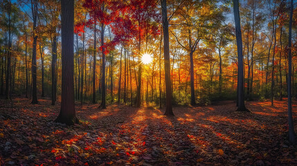 Autumn sunlight filtering through a vibrant forest, illuminating colorful leaves and creating a warm, serene atmosphere with long shadows on the forest floor